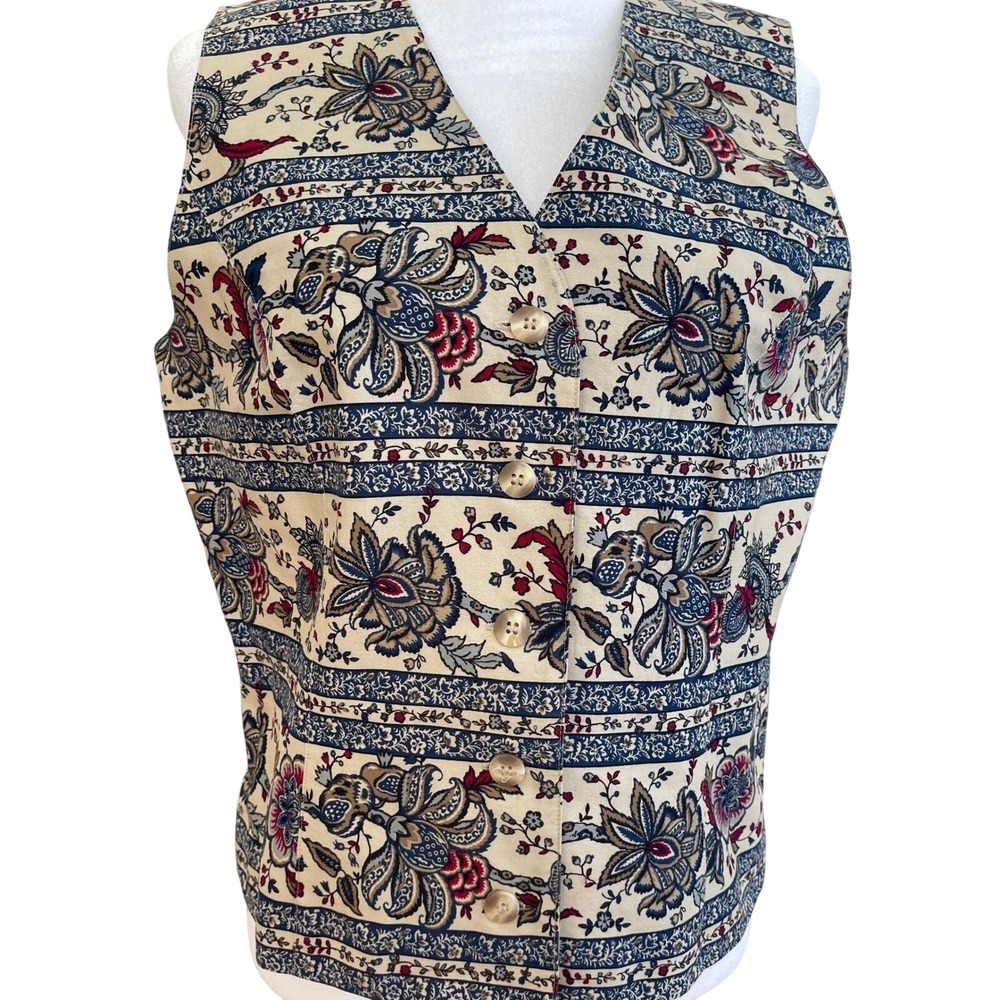 Talbots Petites Vintage Floral Paisley Tapestry Vest Blue Red‎ Tan Small